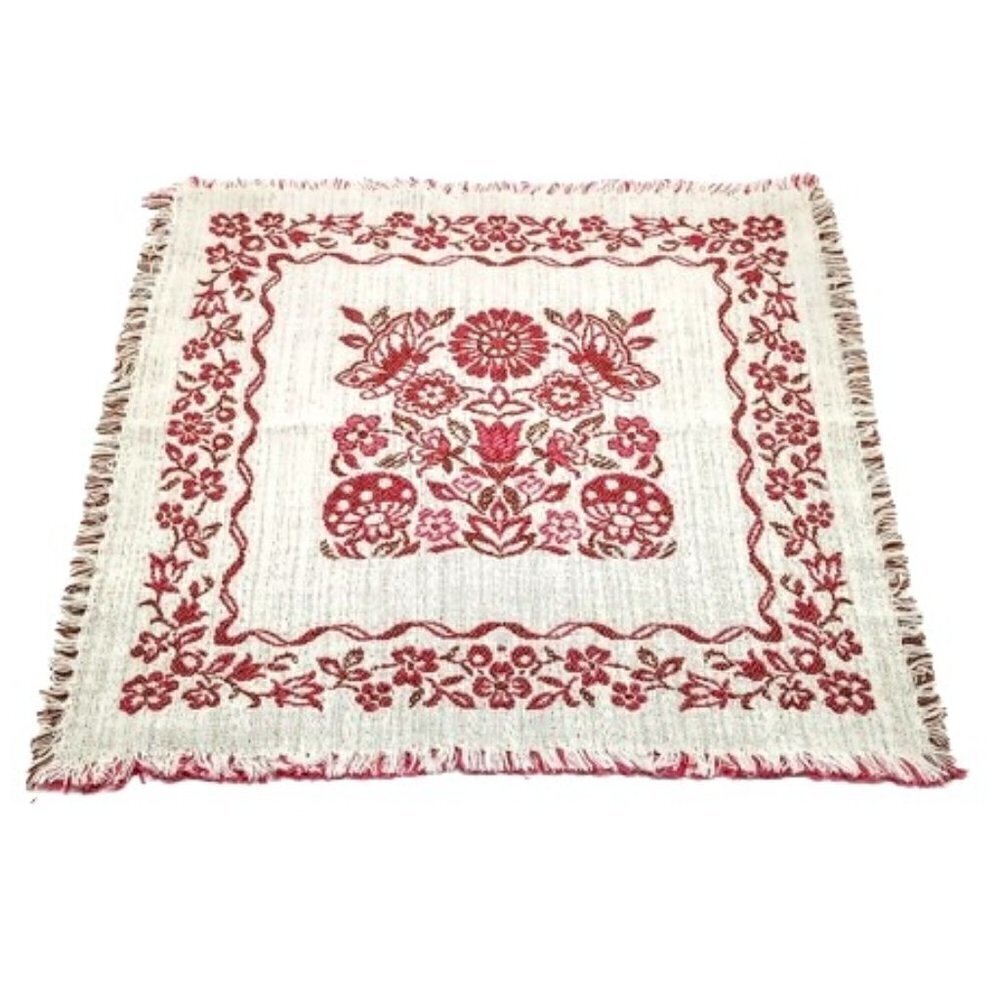 Vintage Red Floral Cotton Linen Fringed Square Woven Napkins